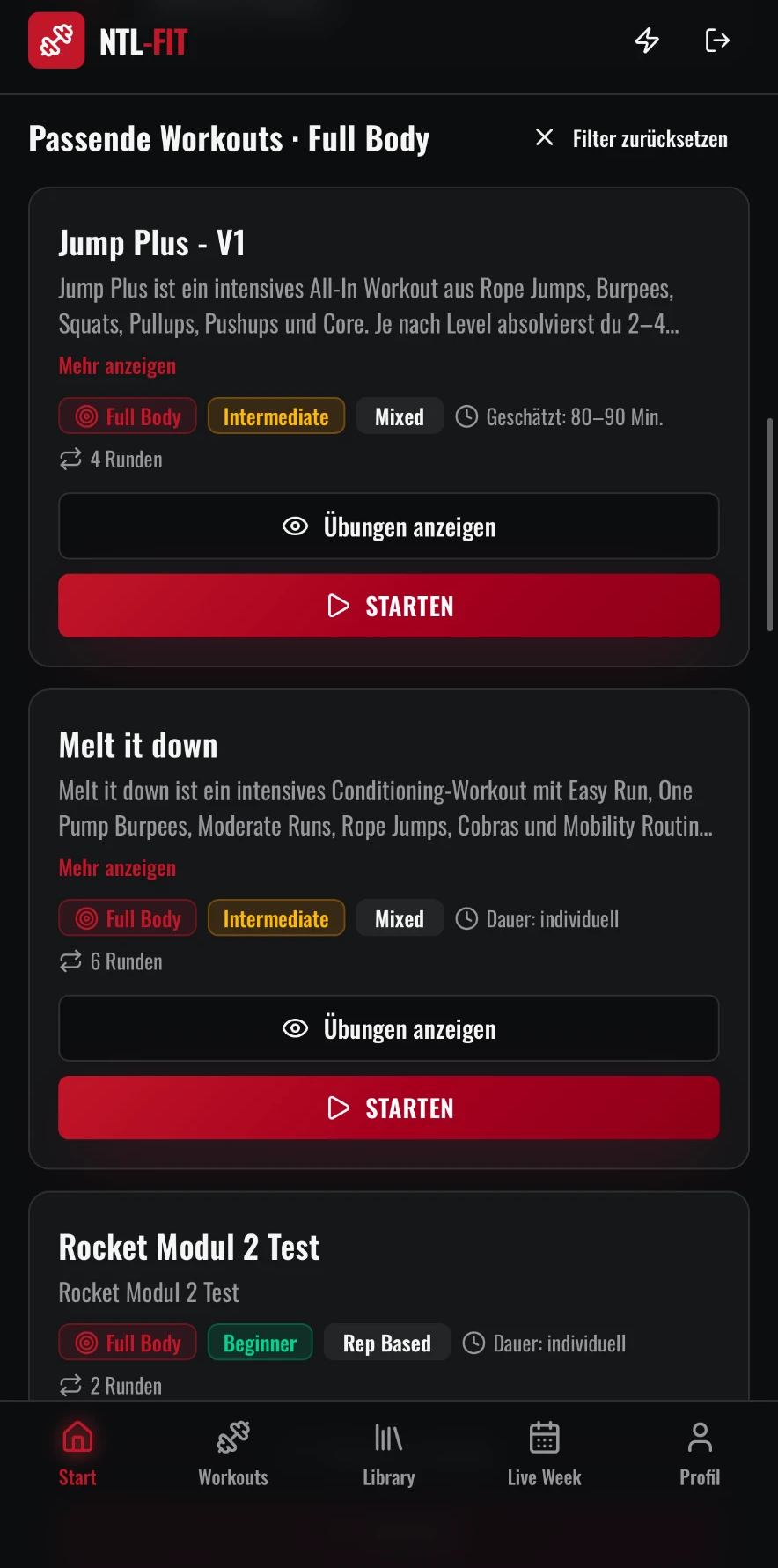 Workout-Liste mit Level-Markern, Dauer und Startbutton