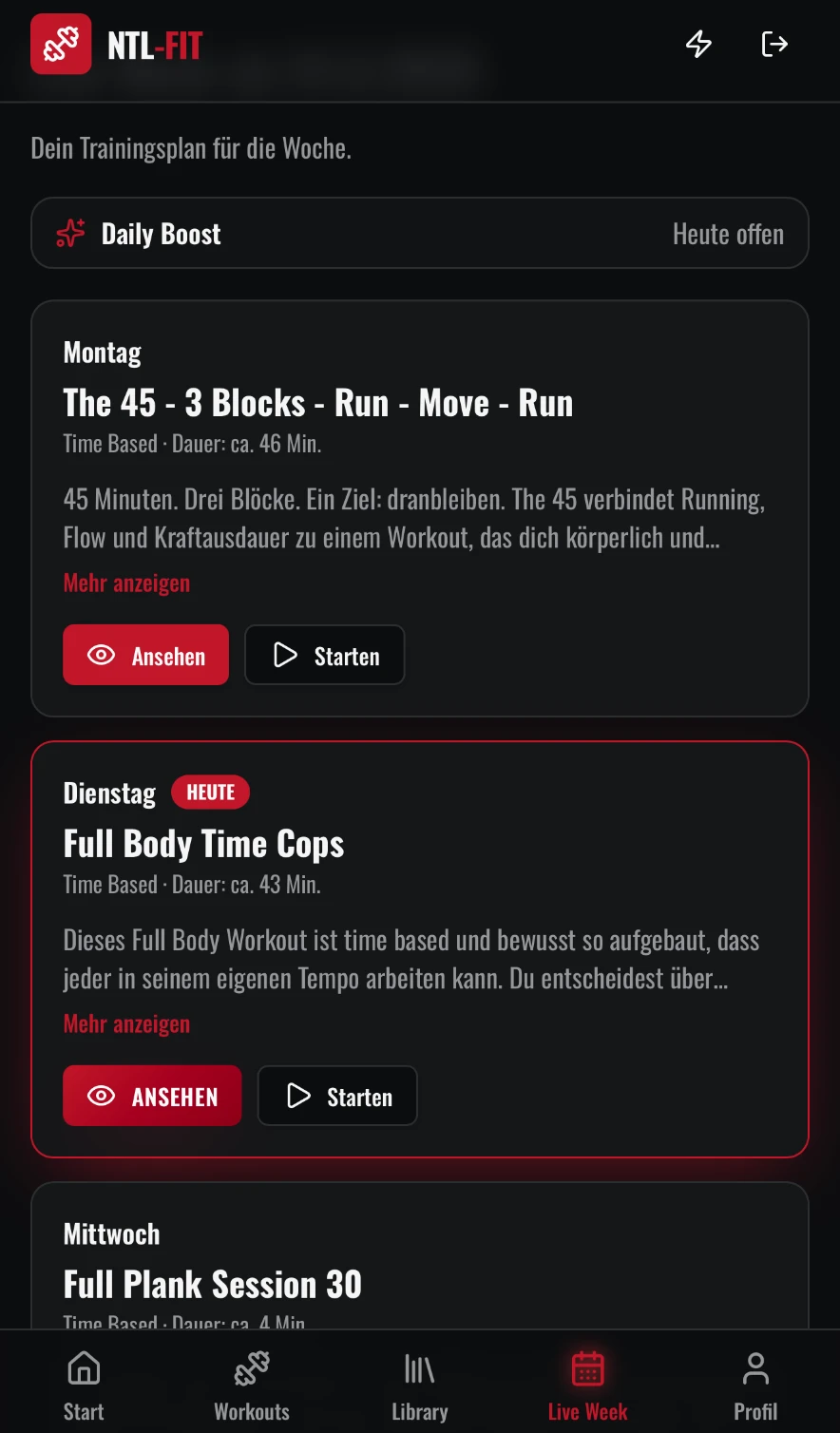 Live Week mit Trainingsplan und Workouts für die Woche