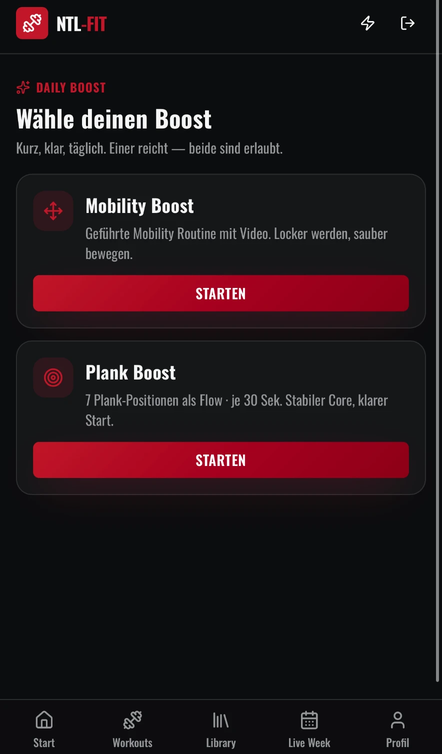 Daily Boost Auswahl mit Mobility Boost und Plank Boost