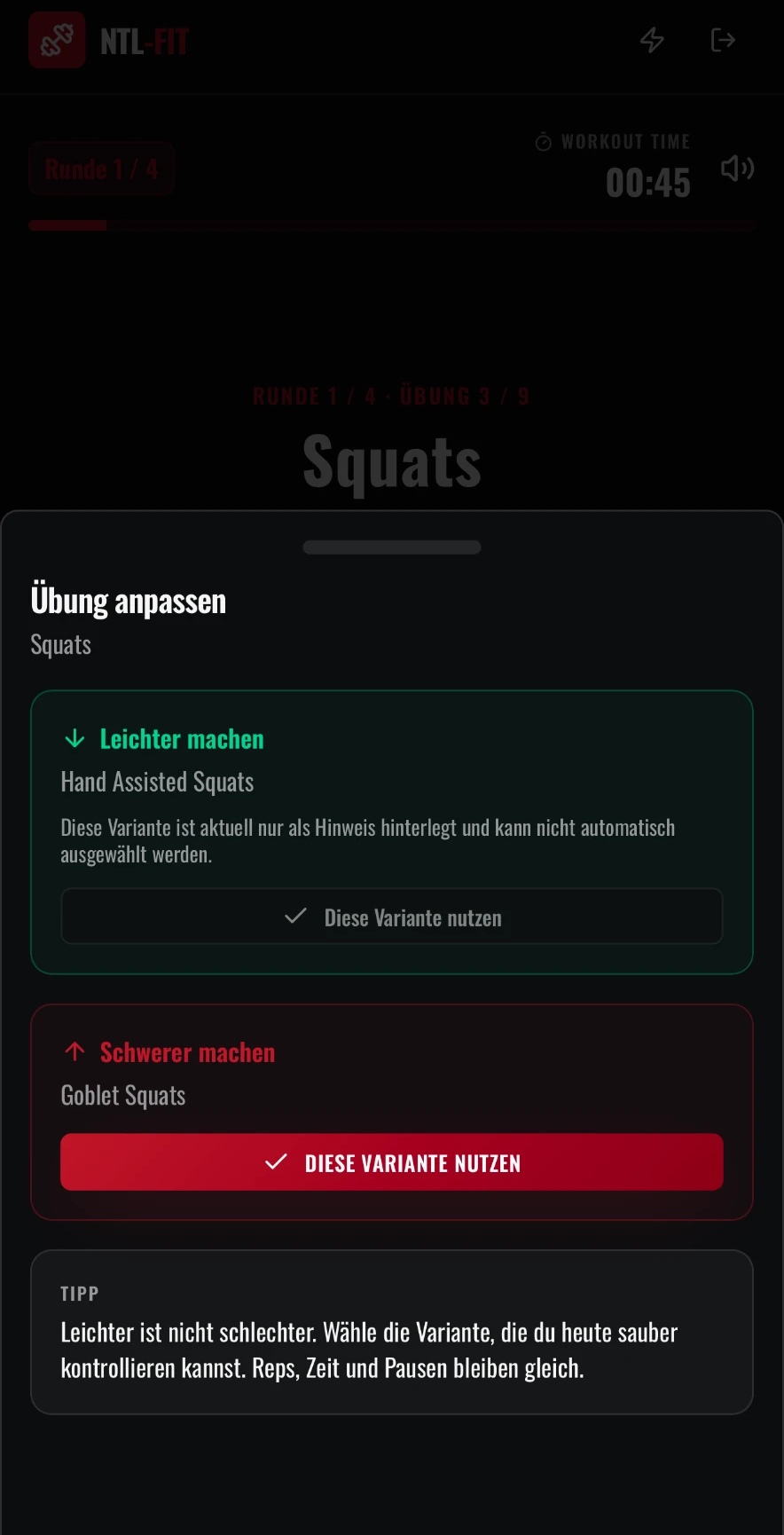 Übung anpassen: leichtere und schwerere Variante direkt im Workout